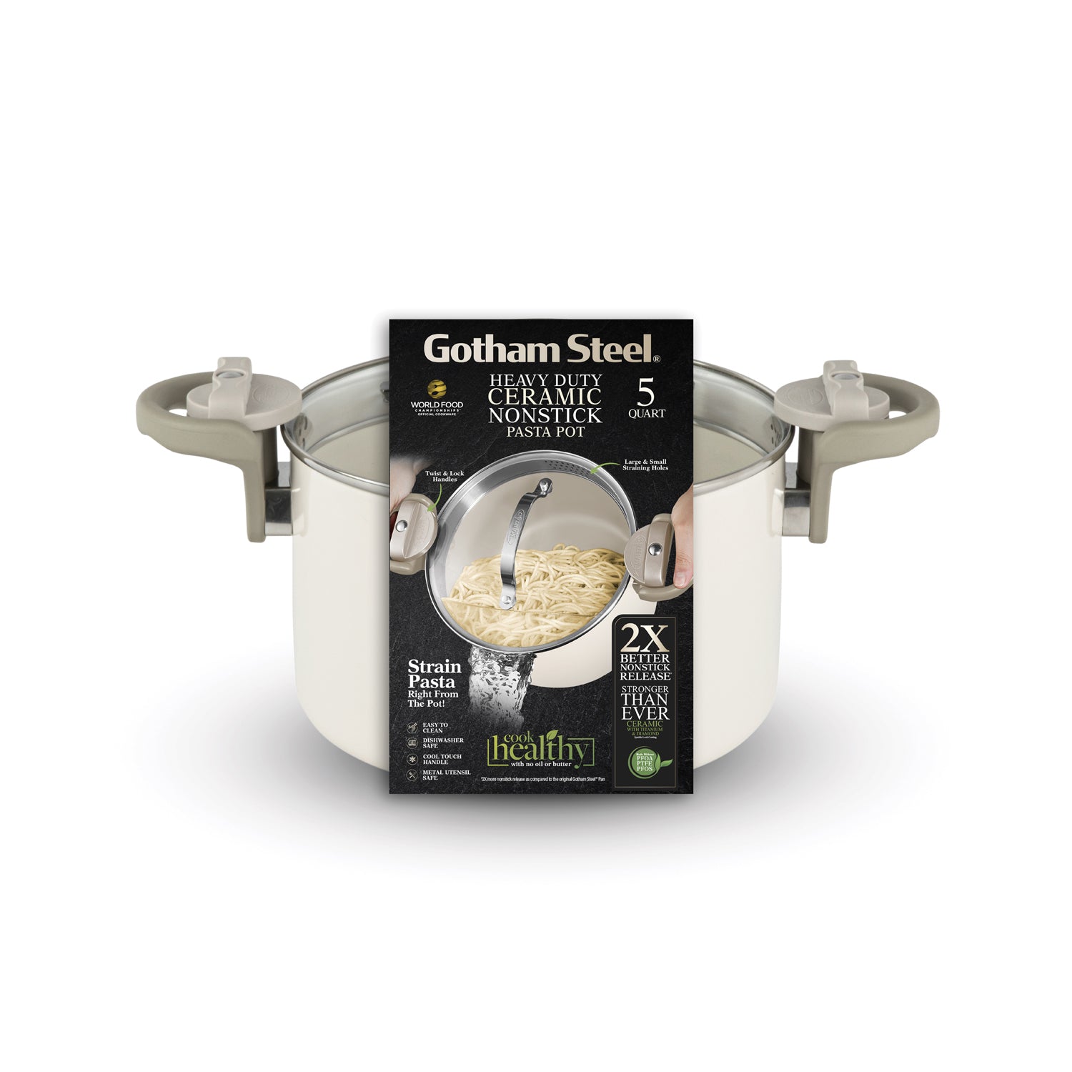 Gotham Steel Natural Collection 5 qt. Cream Pasta Pot with Twist & Lock Handles & Strainer