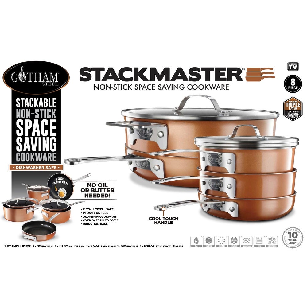 Gotham Steel Stackmaster Pots & Pans Set | Space Saving 15 Piece Stackable  Nonstick Cookware Set, Includes Frying Pans, Skillets, Saucepans Stock Pots