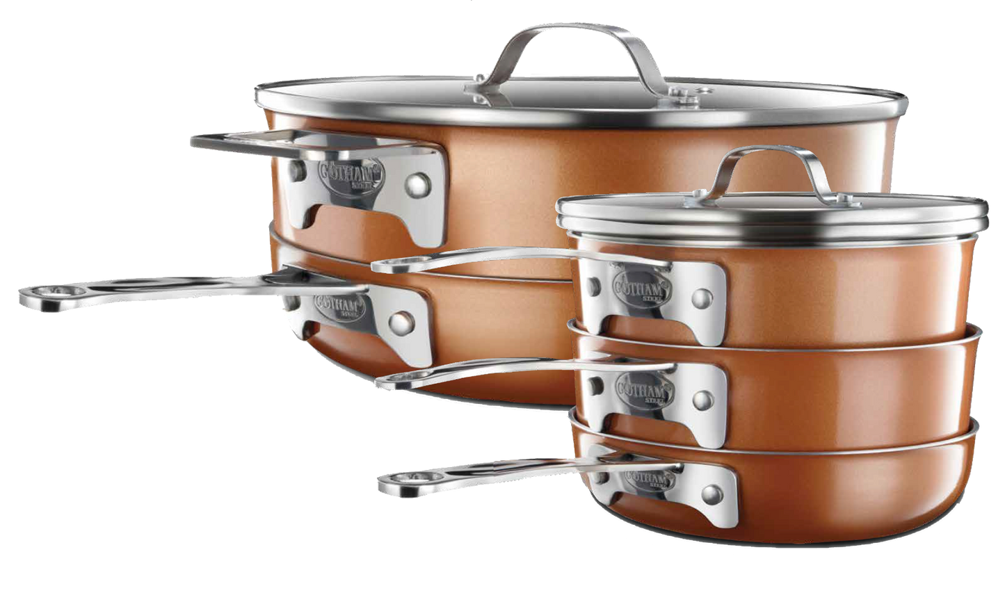 Gotham Steel Stackmaster 8-Piece Stackable Cookware Set - Fry Pans, Sauce Pot, Saute Pan, Crockpot and Lids