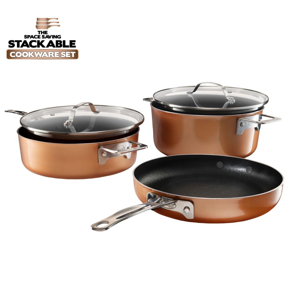 Gotham Steel Stackmaster 5-Piece Stackable Cookware Set - 10 Inch Skillet, Frying, Saute Pan & 2-Lids