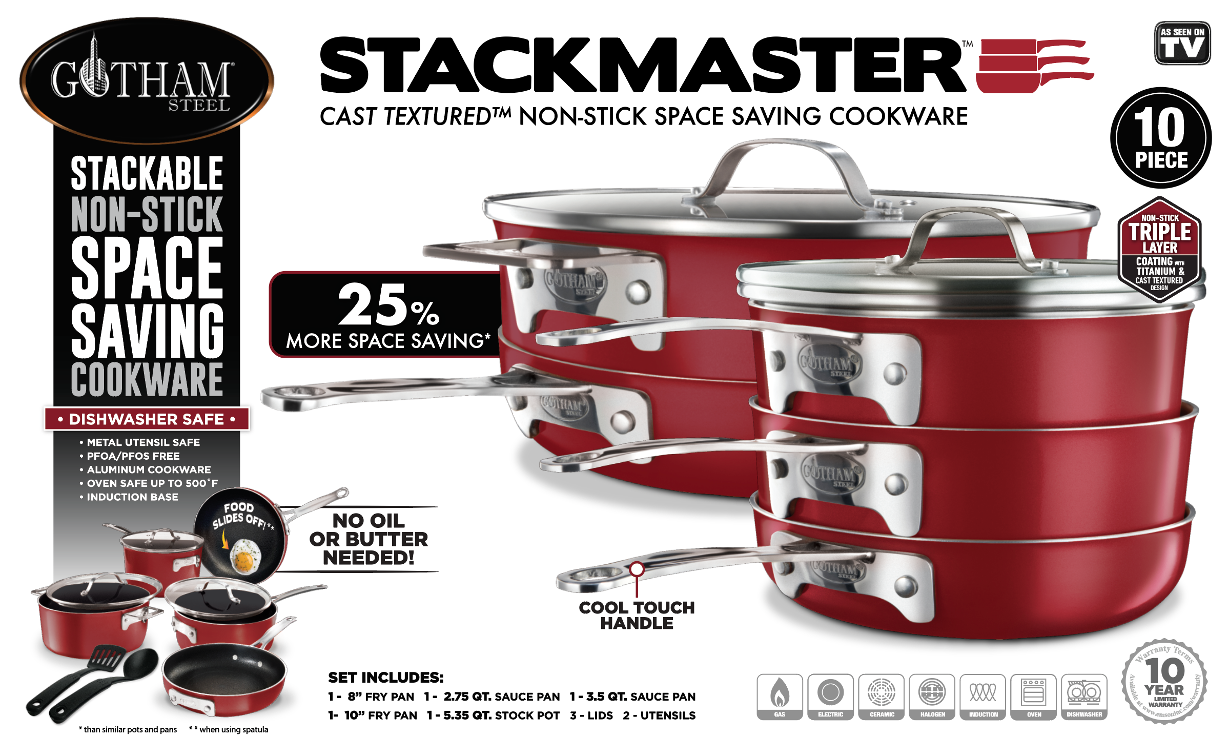 Gotham Steel Stackmaster Cookware, Non-Stick Space Saving, 10 Piece