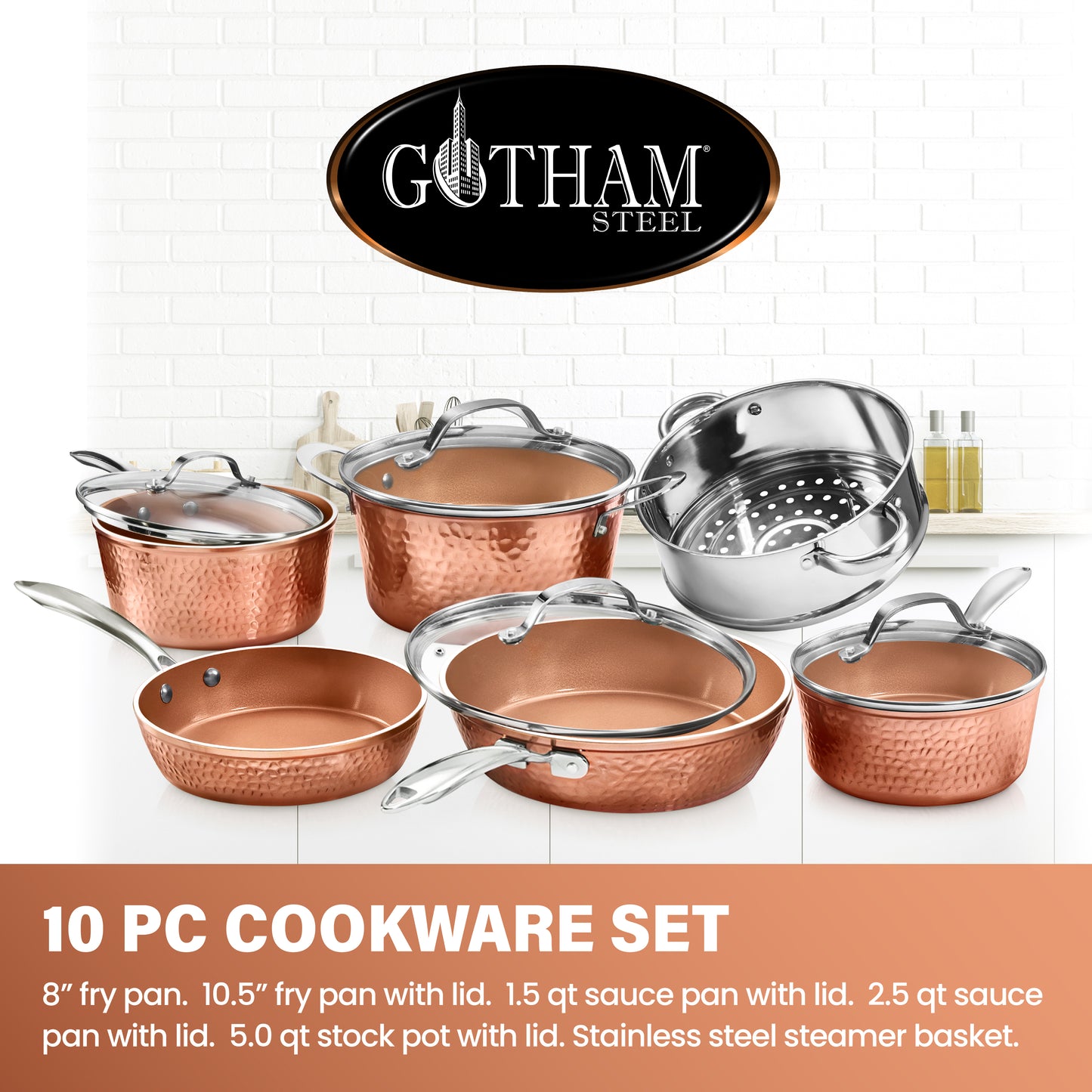 Gotham Steel Hammered Copper 10-Piece Ceramic Non Stick Aluminum Cookware Set