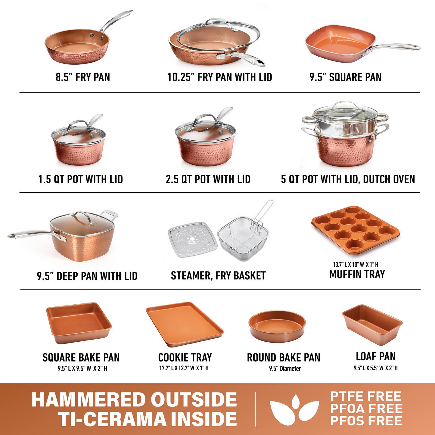 Gotham Steel Hammered Copper 20-Piece Ceramic Kitchen in a Box Aluminum Cook, Bake, Steam & Fry Set