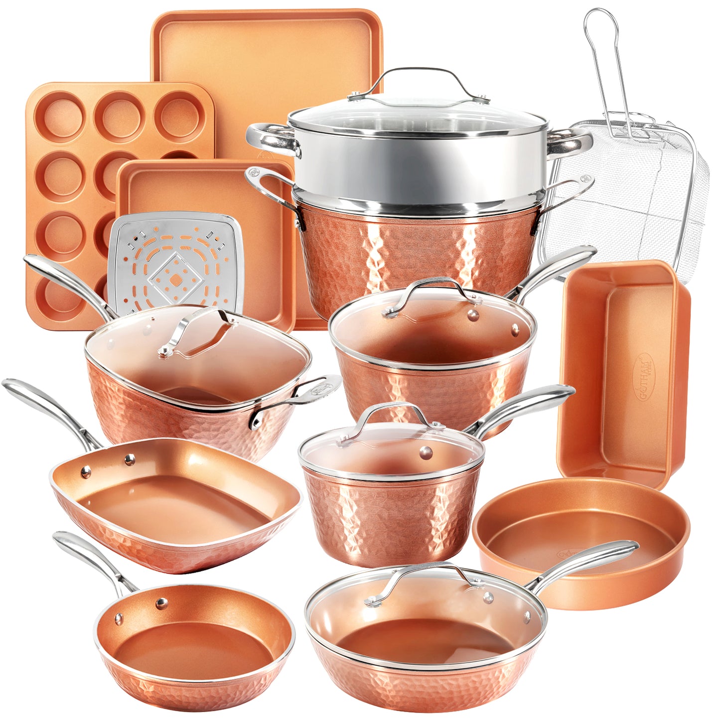 Gotham Steel Hammered Copper 20-Piece Ceramic Kitchen in a Box Aluminum Cook, Bake, Steam & Fry Set